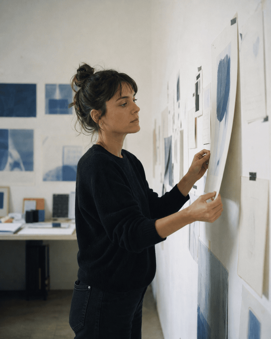Designer arrangeant des épreuves graphiques dans son studio